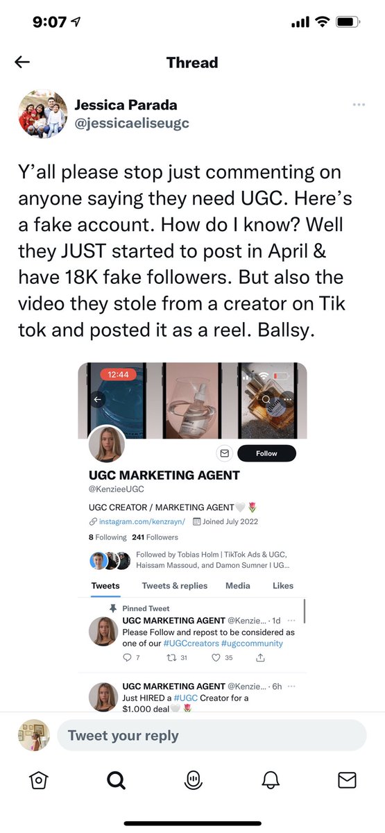 Alexkmooree's tweet photo. I quoted that first tweet (@jessicaeliseugc) saying it’s always the way too zoomed in profile pics that end up being scams. She dmed me, called me a fat bitch. Lmao. I looked her up and both accounts she mentioned are full of fake followers and was created like 3 days ago.SCAM🤮 https://t.co/qBxlAPnEkZ