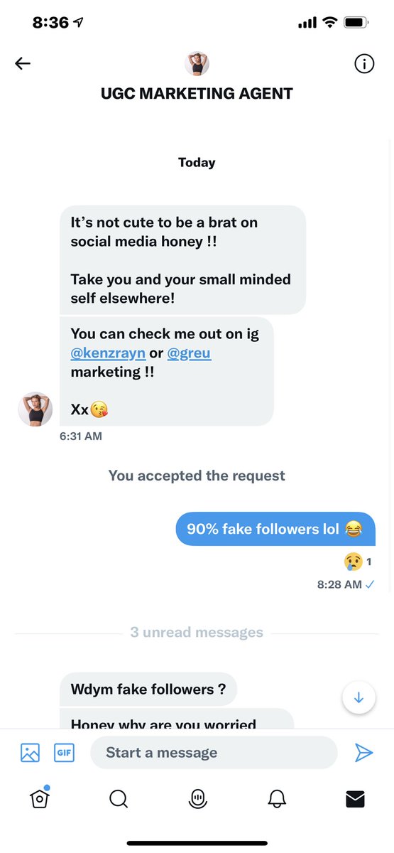 Alexkmooree's tweet photo. I quoted that first tweet (@jessicaeliseugc) saying it’s always the way too zoomed in profile pics that end up being scams. She dmed me, called me a fat bitch. Lmao. I looked her up and both accounts she mentioned are full of fake followers and was created like 3 days ago.SCAM🤮 https://t.co/qBxlAPnEkZ