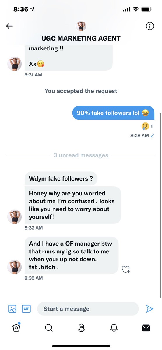 Alexkmooree's tweet photo. I quoted that first tweet (@jessicaeliseugc) saying it’s always the way too zoomed in profile pics that end up being scams. She dmed me, called me a fat bitch. Lmao. I looked her up and both accounts she mentioned are full of fake followers and was created like 3 days ago.SCAM🤮 https://t.co/qBxlAPnEkZ