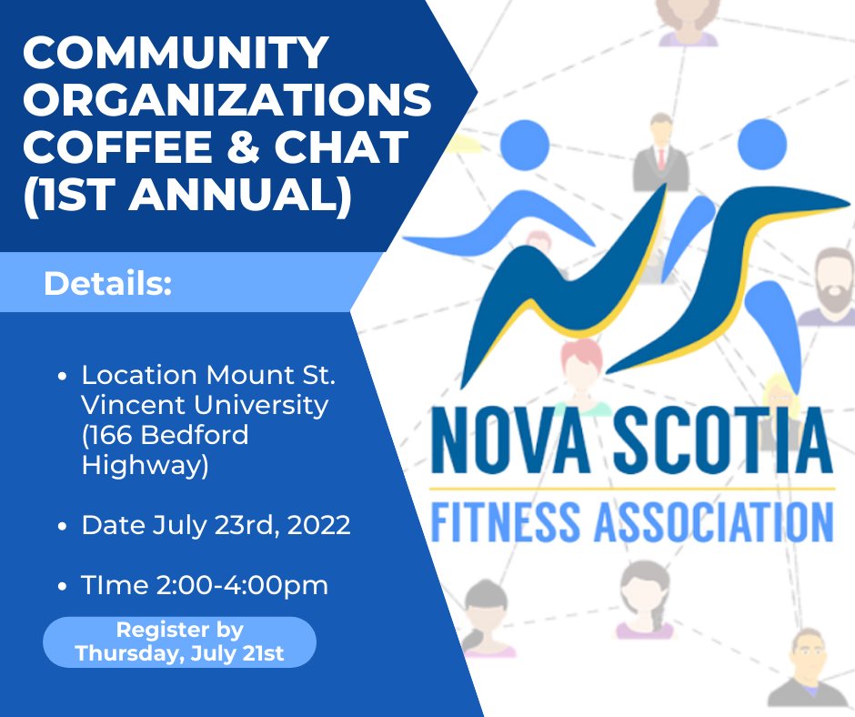 This Saturday NSFA is hosting their newest event, the Coffee &amp; Chat get-together. 
Bring your business cards, brochures, and swag!
We still have a few spaces open. Deadline to register is Thursday, July 21st, 2022. 
Register Here:  nsfitness.ca/event-4848689