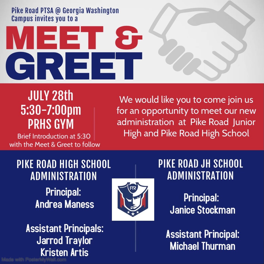 PikeRoadSchools's tweet photo. PRJHS and PRHS parents and learners - PRS PTSA invites you to a Meet & Greet with our new Administrators! come on out and help us welcome these new leaders to the Patriot family! #PRJHS #PRHS #PikeRoadSchools https://t.co/jpp8BwN77s