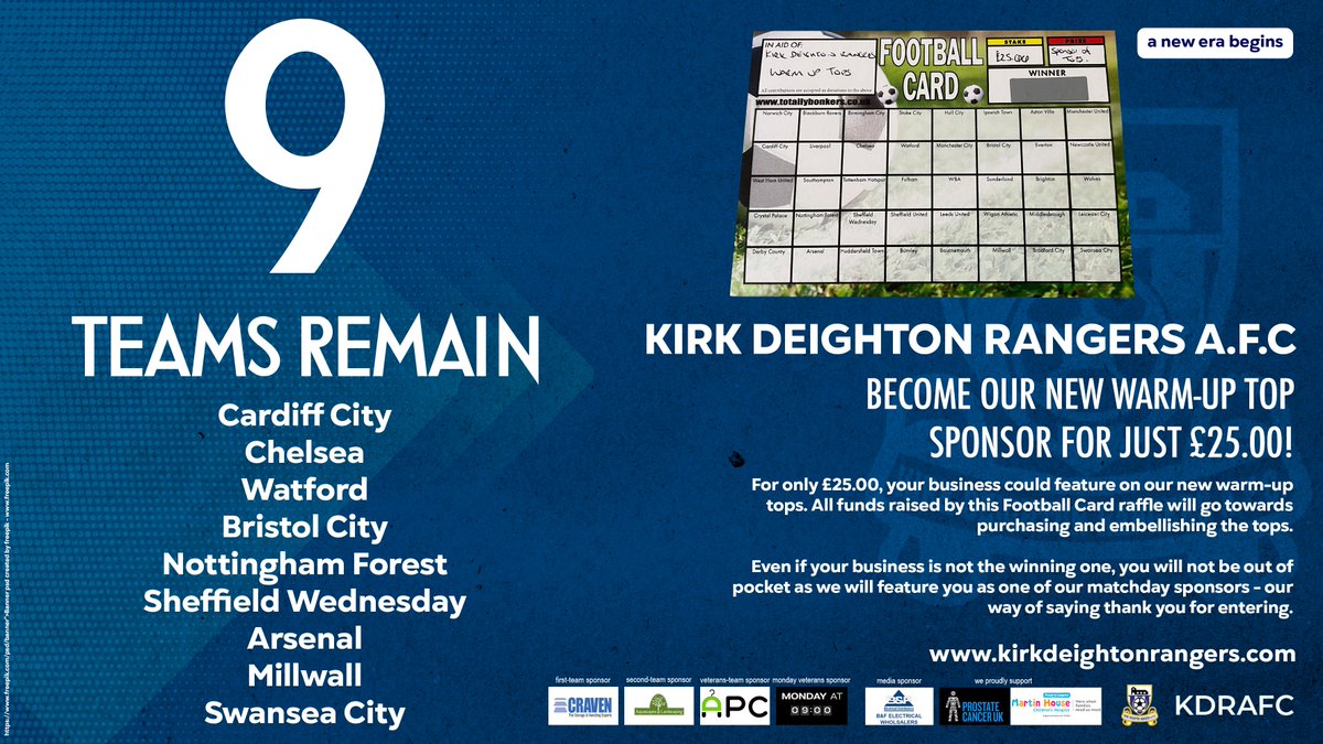 NINE teams remain in our raffle - just £25.00 to buy a team and be in with a chance to have your logo on our warm-up tops (This costs typically in the hundreds) Even if you don't win, we will feature you as a matchday sponsor so your money isn't wasted.

Don't miss out!