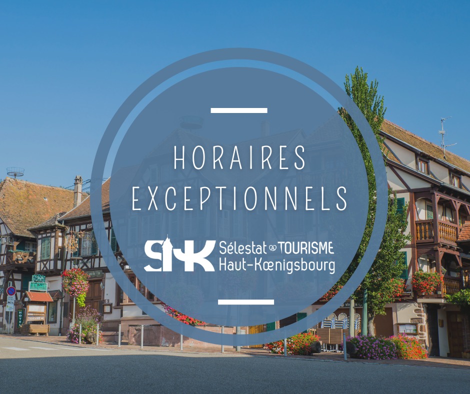 Suite à l'épisode caniculaire actuel, les horaires d'ouverture de NOTRE BUREAU D'ACCUEIL DE KINTZHEIM seront exceptionnellement aménagés ce mardi 19 juillet 2022. Nous vous accueillerons de 9h à 12h et de 13h à 15h !
📞 03 88 58 87 20📧accueil@selestat-haut-koenigsbourg.com