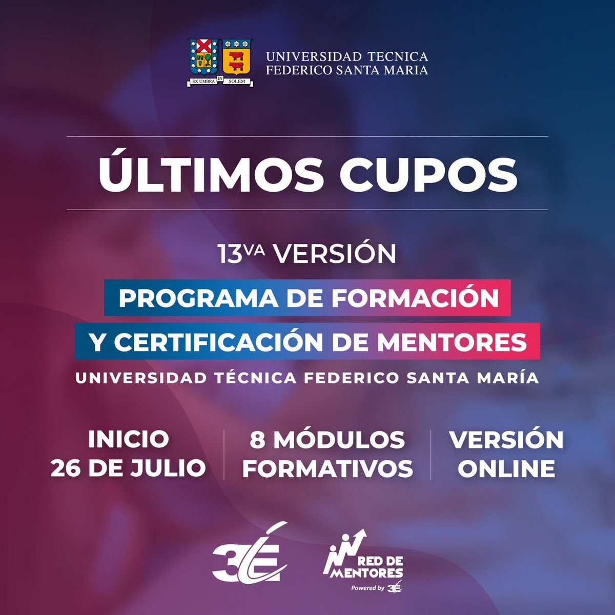 [Formación]

Desde el 26 de julio se llevarán a cabo los 8 módulos formativos de la 13° versión del Programa de Formación y Certificación de Mentores de la <a href="/usantamaria/">USM</a> , instancia impartida por nuestra #RedMentores3IE. Info: bit.ly/3z2bhHL

#Mentoring