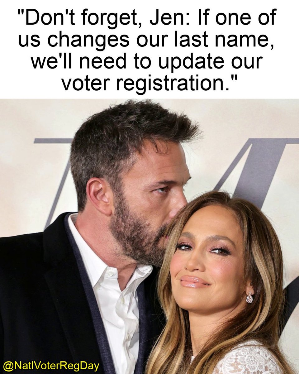 NatlVoterRegDay's tweet photo. Great advice, Ben! 💍 🗳️
If you or someone you know has tied the knot and changed their name since 2020, be sure to remind them to update their voter registration before the 2022 midterms! https://t.co/MbA49XdZHW