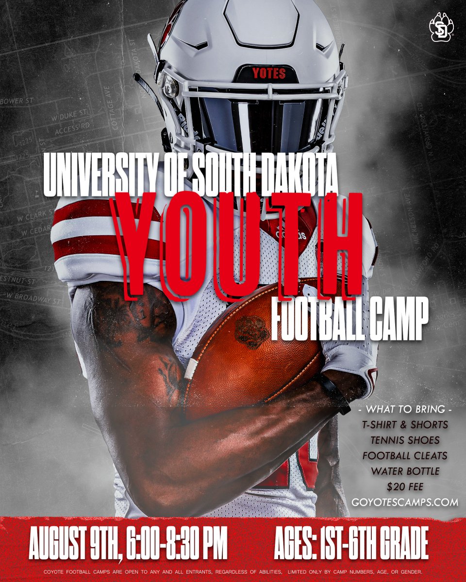 ❗️ 2022 YOUTH FOOTBALL CAMP ❗️ 🗓️August 9th, 6:00 - 8:30pm 📍 The DakotaDome ✍️goyotescamps.com *On-site registration will begin at 5:30pm