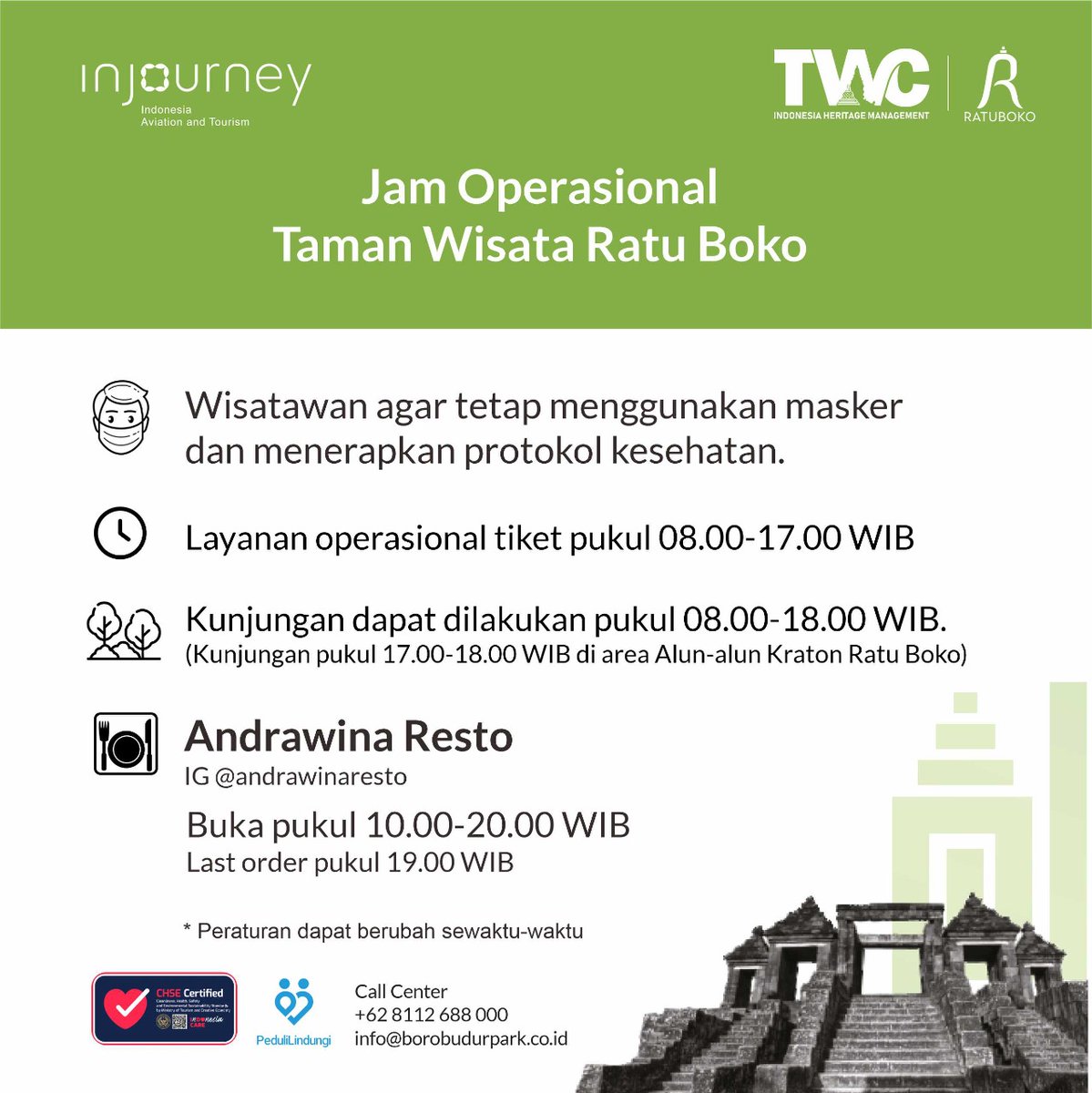 twc_heritage's tweet photo. #Informasi jam kunjungan #TamanWisata #RatuBoko https://t.co/Ov2V3ulIJA