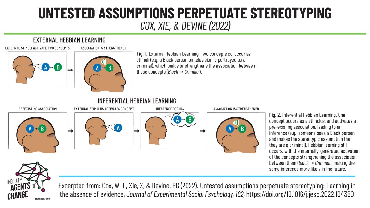 BiasHabit's tweet image. We learn #stereotypes from culture, and they guide #assumptions about other people. Even without evidence, these assumptions strengthen the stereotypes, making #stereotyping more likely over time
#hebbianlearning #bias 
Excepted from work by @ScienceCox @xizhouxie &amp;amp; @DevineLab