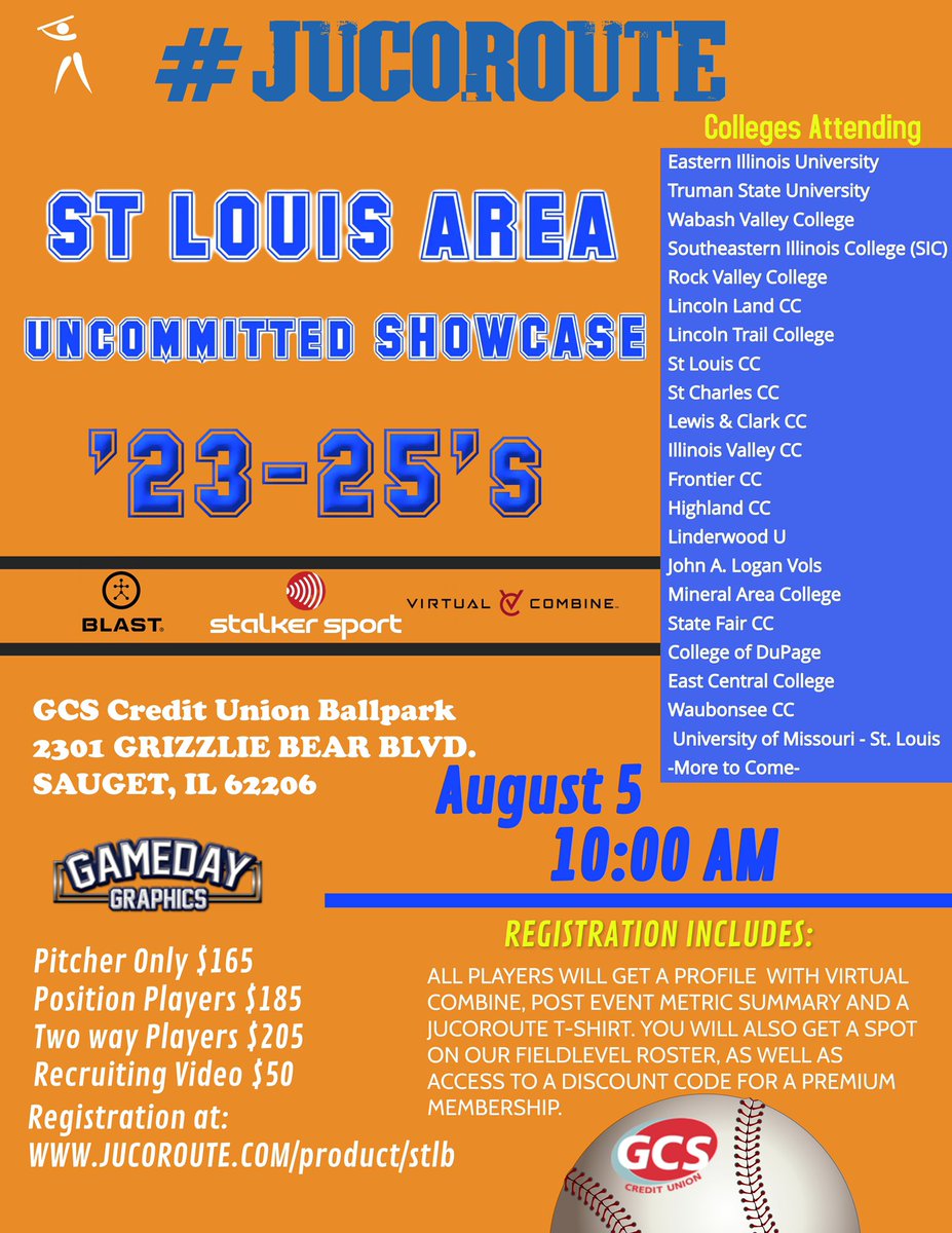‼️St Louis Area‼️

Uncommitted High School ‘22-25’s

⚾️RECRUITING EVENT
🔥SPOTS FILLING FAST
🏟️GCS Ballpark Sauget, IL
📅August 5

21+ Colleges Committed 
More✌️come

Metrics👇
<a href="/GamedayLLC/">GameDay Graphics LLC</a> @Blast_Bsbl <a href="/virtualcombine/">Virtual Combine</a> <a href="/STLSportsPro/">STL Sports Productions</a> 

Register: jucoroute.com/product/stlb