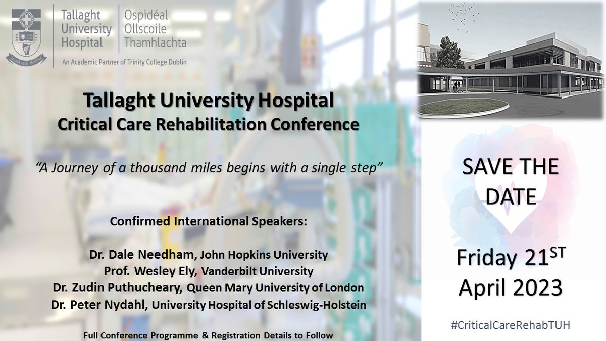 @ICUTallaght University Hospital (@icutallaght) on Twitter photo Thrilled to announce that TUH will be hosting their 1st Critical Care Rehabilitation Conference: Friday 21st April 2023.
We look forward to welcoming a host of National and International speakers, including a voice of the lived experience
RTs 🙏!
<a href="/wearetuhf/">Tallaght University Hospital Foundation</a>
#CriticalCareRehabTUH Thrilled to announce that TUH will be hosting their 1st Critical Care Rehabilitation Conference: Friday 21st April 2023.
We look forward to welcoming a host of National and International speakers, including a voice of the lived experience
RTs 🙏!
<a href="/wearetuhf/">Tallaght University Hospital Foundation</a>
#CriticalCareRehabTUH