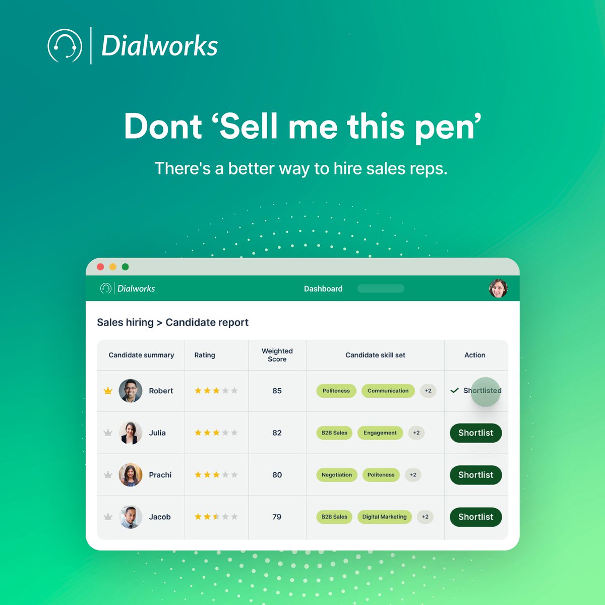 Still hiring based on the age old 'sell me the pen' technique? 👀 Well, you need to get over your Wolf Of Wall street hangover Test out your prospective hire's performance in the real world using #Dialworks Real people, real call scenarios, so you get the real picture 💪