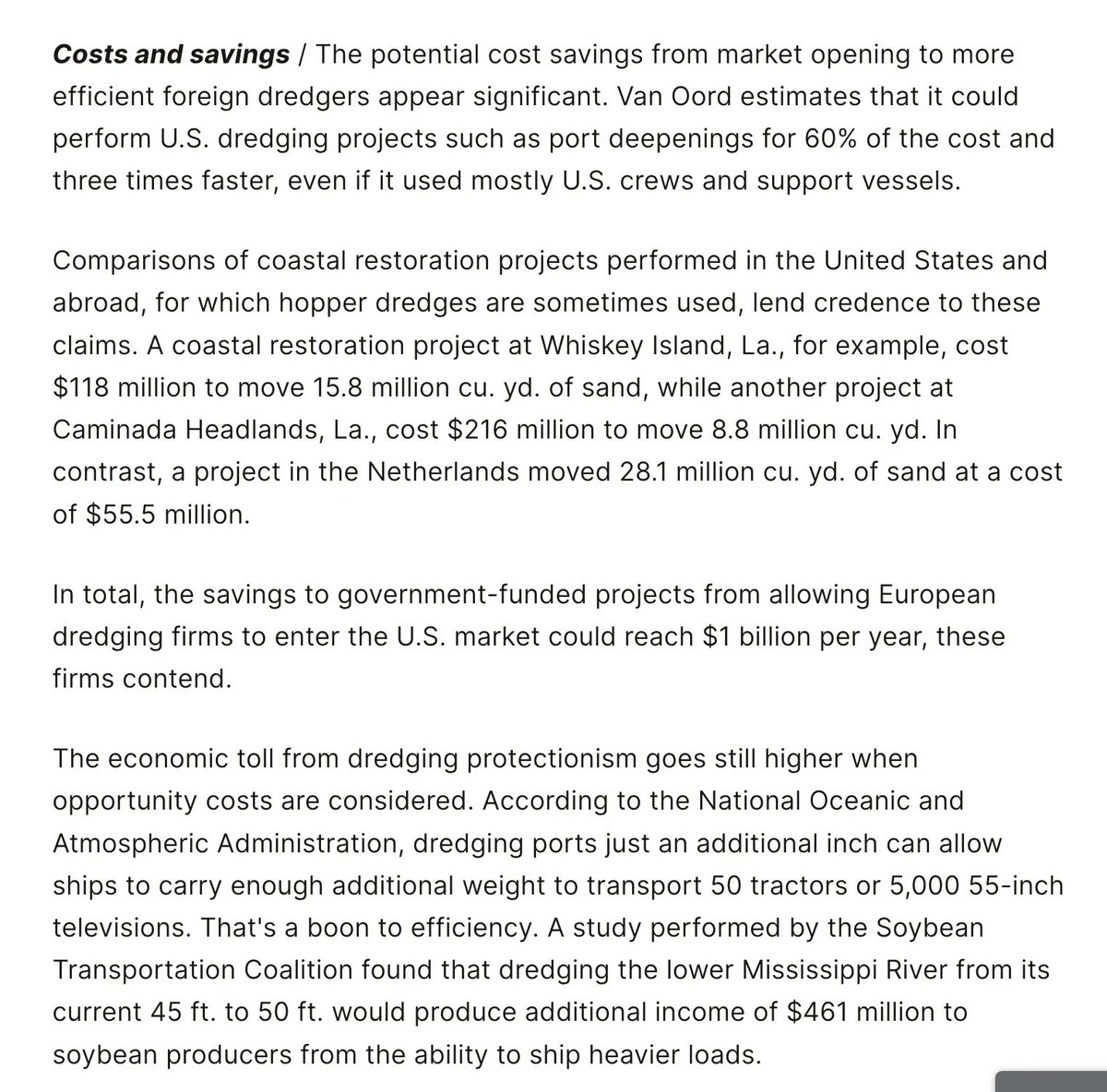 CatoTrade's tweet photo. As a result of the Jones Act of 1920 and the Foreign Dredge Act of 1906, American ports are forced to rely on dredges that typically are smaller, older, and less efficient than their foreign counterparts, @cpgrabow explains. https://t.co/rBY89TDDZx

#CatoTrade @CatoRegulation https://t.co/p4ubVsjGci
