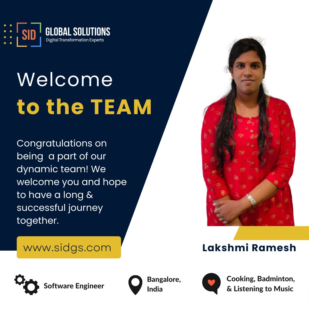 SolutionsSid's tweet photo. Welcome to the SIDGS family, Lakshmi Ramesh. We wish you all the best for your bright future here!

#newhire #newbeginnings #indiajobs #digitaltransormation #softwareengineer #softwaredevelopment #developerjobs #apigee #gcp #bangalorejobs #wearehiring #hiringpost https://t.co/1JHM4rV4qb