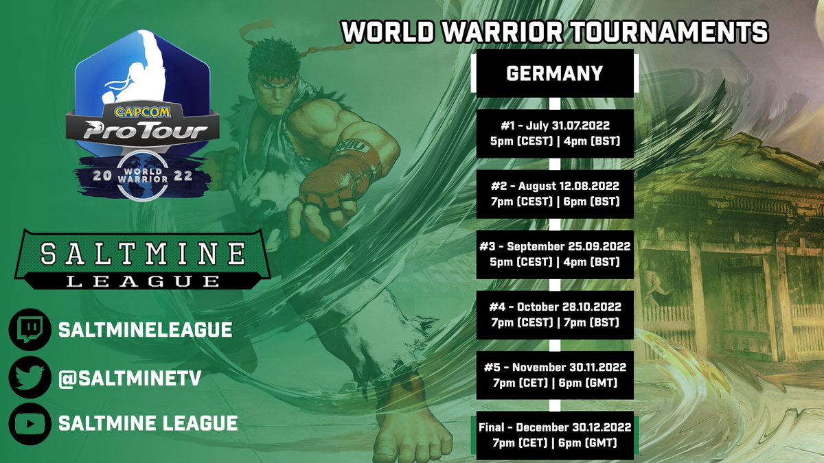 SaltmineTV's tweet photo. You can now sign up for the first #SFVCE #CPTWW2022 #SML "Germany" Tournament! 🇩🇪 #FGC #SFV 

Registration will close: 31.07.2022, 12pm (CEST)
Tournament starts: 31.07.2022, 5pm (CEST)

Registration: https://t.co/jPmuWizGNY
Discord: https://t.co/evR2ndCqSr https://t.co/b3ySdtKIFT