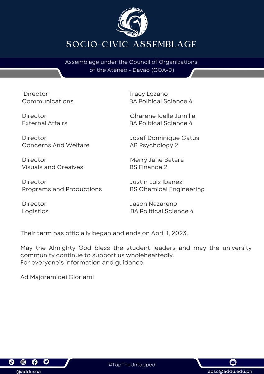 addusca's tweet photo. 3/3
MEMO | Memo No. SCA-Head-01-07182022
Start of Term for COA-D Socio-Civic Assemblage Board of Officers for Academic Year 2022-2023.
For widest dissemination. AMDG+
#TapTheUntapped https://t.co/7uhQMUuBhq