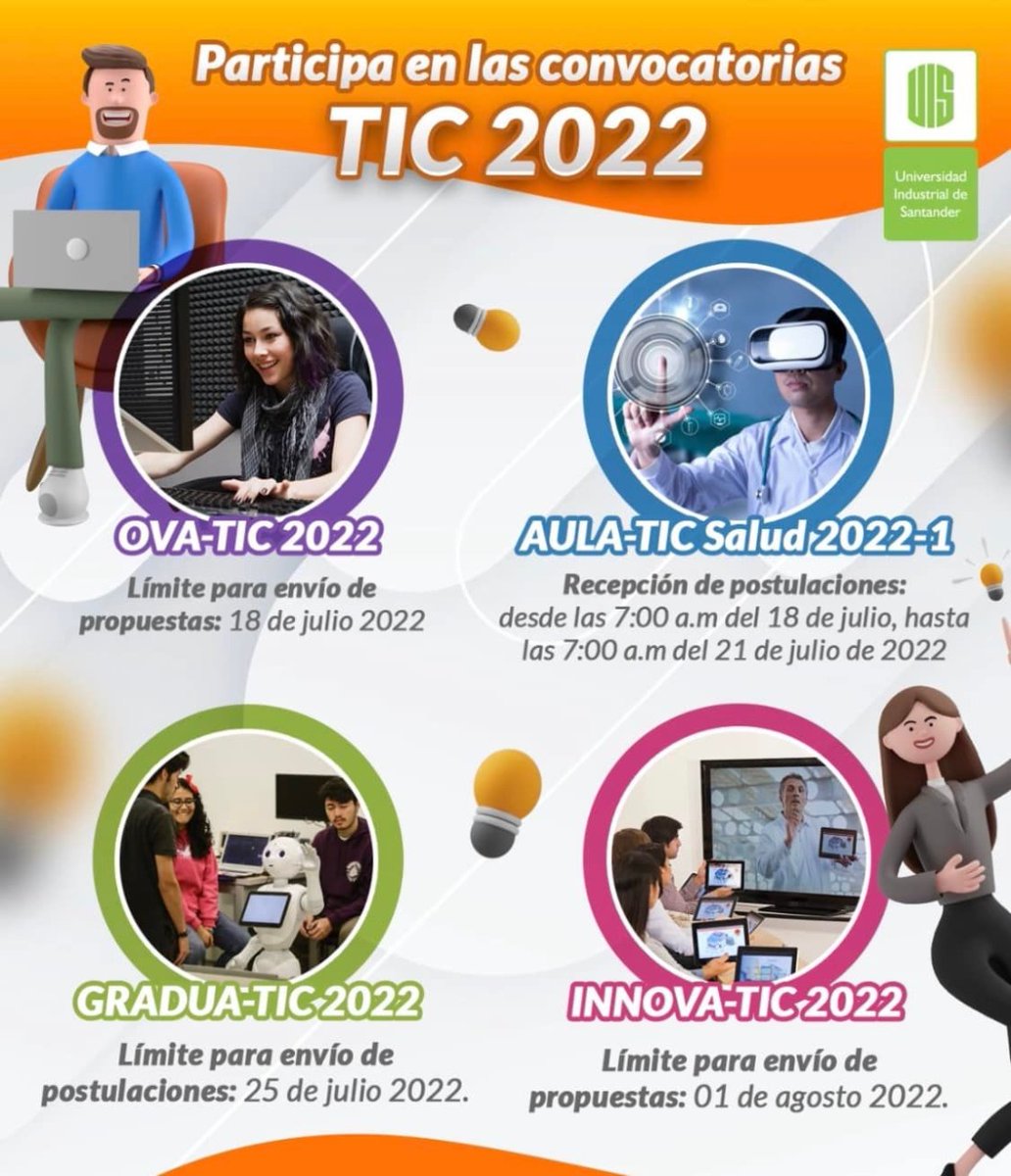 #ComunidadUIS Conoce el portafolio de las Convocatorias TIC 2022, dirigida a estudiantes, profesores planta, cátedra y tutores.

Consulta aquí los términos de referencia (TDR) de las cuatro convocatorias proyectadas en el portafolio: buff.ly/3cscNuc