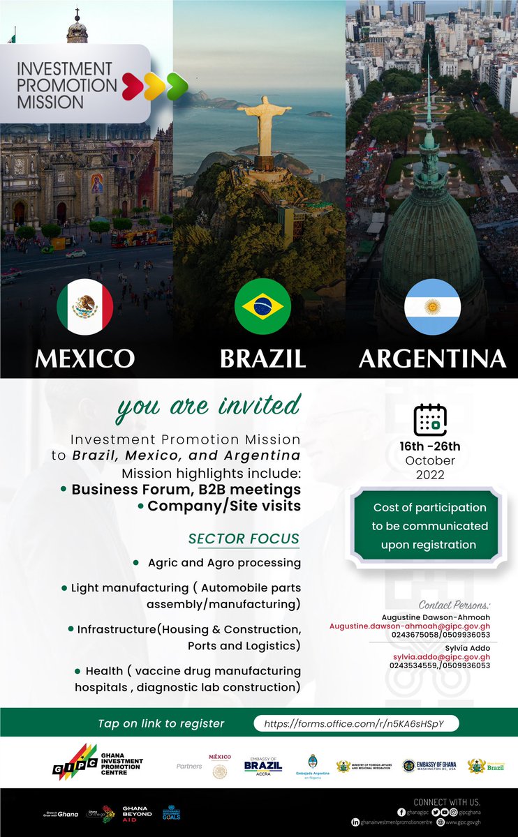 gipaghana's tweet photo. @gipcghana, in partnership with the @GhanaMFA, @GhanaEmbassy_DC, 
Ghana Embassy in Brazil, Embassy of Brazil in Ghana, Embassy of Mexico in Ghana, &amp; the Embassy of Argentina in Abuja, wishes to invite you to participate in an upcoming investment promotion mission1/2 https://t.co/KBFm2dJVik