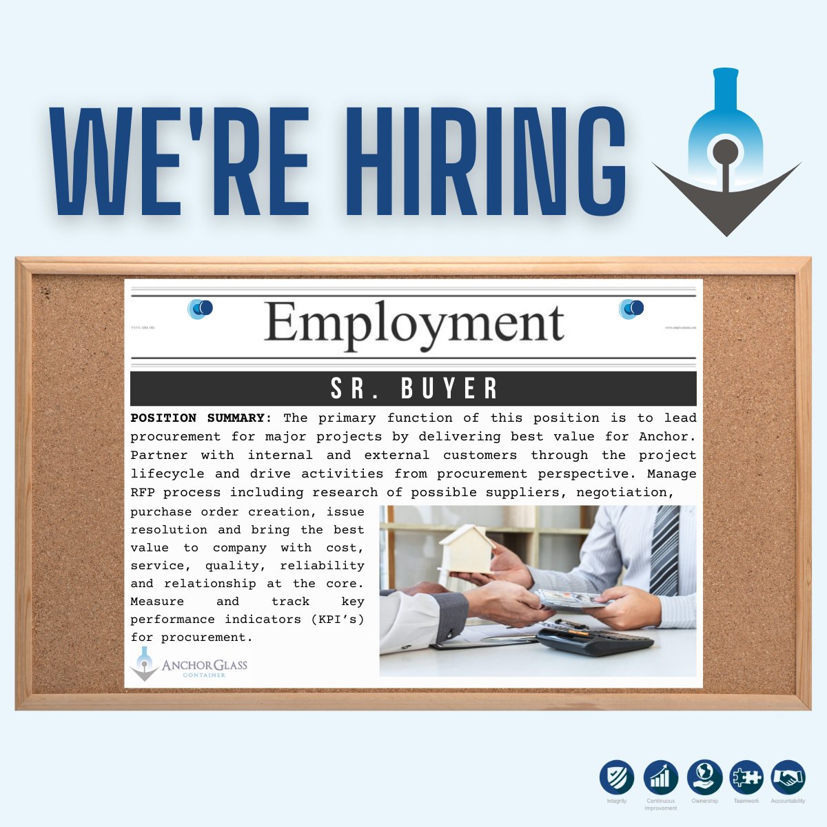 AnchorGlassHQ's tweet image. Here we #GROW again! We are looking for an 𝙎𝙧. 𝘽𝙪𝙮𝙚𝙧 to join our team!

As Sr. Buyer at Anchor Glass, you’ll be joining a premiere American glass manufacturer where there is endless opportunity for growth!

To apply please visit: ow.ly/ehH750JY7jt