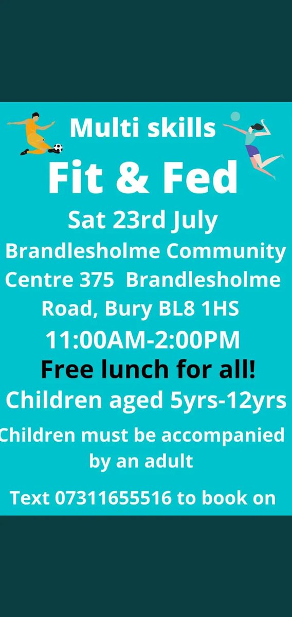 Reminder- fun-packed Super Saturday next weekend <a href="/BrandlesholmeCC/">Brandlesholme Community Centre & Foodbank</a> Book your place by texting the number below. All free !! Come along and make new friends &amp; learn new skills. All welcome !!
Please share with all your contacts.