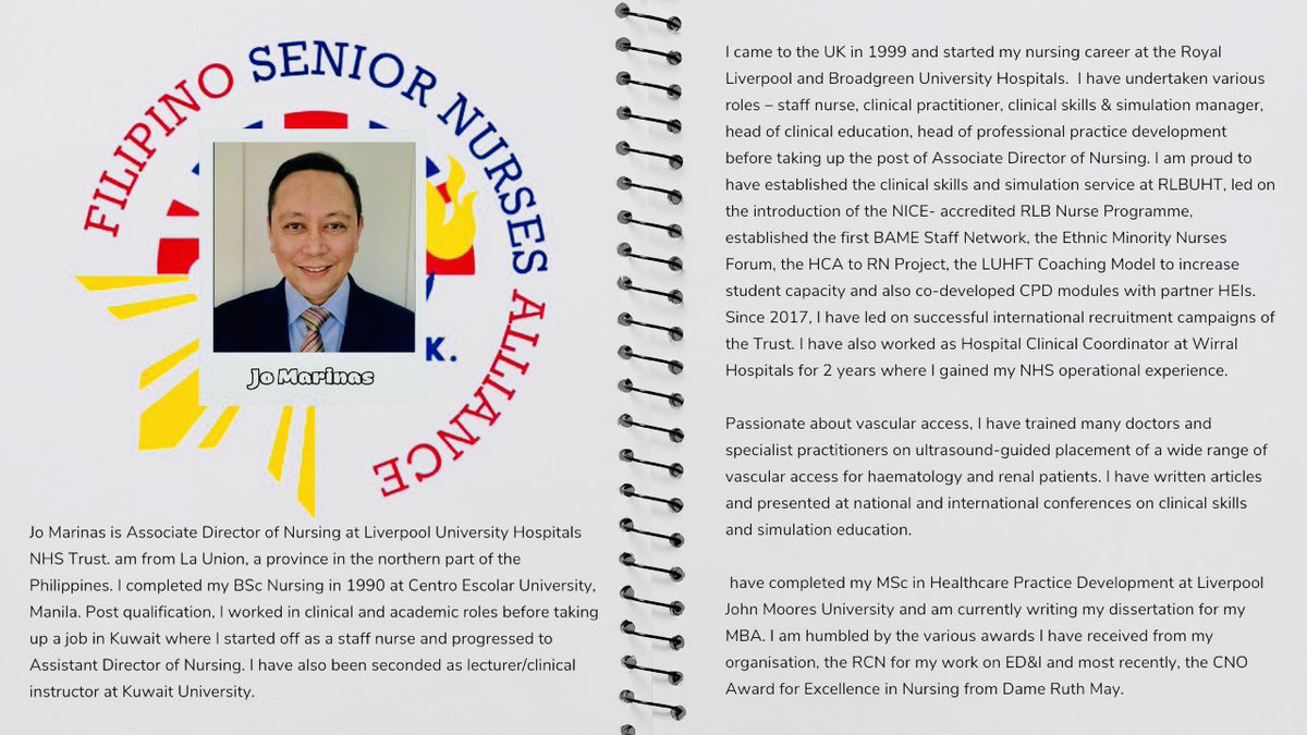 Who are the <a href="/FSNA_UK/">Filipino Senior Nurses Alliance UK</a> members?
NEXT UP is <a href="/jomarinas/">jo marinas</a>📣!

Never one to talk about his accomplishments but we will do the 📣!
✅started BAME staff network @LivHospitals 
✅ED&amp;I champion 
✅clinical expert with MSc &amp; 
MBA
✅#IEN champion in the North
✅@CNOEngland’s Silver awardee