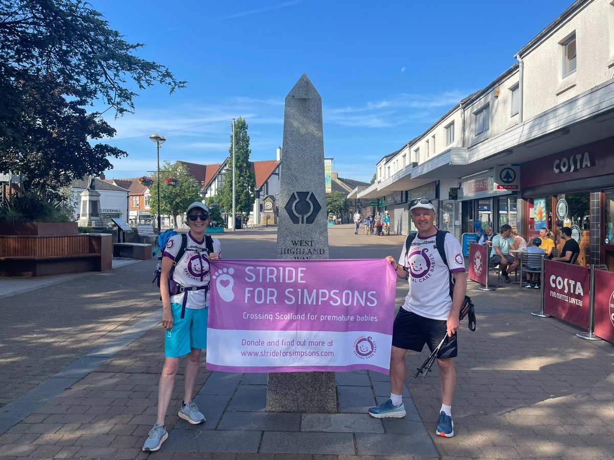 stride4simpsons's tweet photo. Day 3 of #StrideForSimpsons, the 🌞 is out as we wave off Granny and Grandpa Coffey from Milngavie as they make a start on the #WestHighlandWay 👏🏻 Hope they've packed plenty of sun cream 🌡️

#BigStepsForLittleOnes https://t.co/iT3LH7mfpn