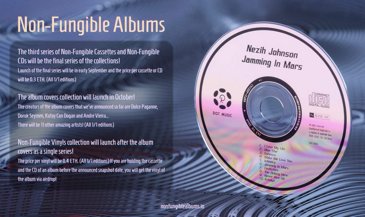 The third series of Non-Fungible Cassettes and Non-Fungible CDs will be the final series of the collections, the final chance to catch a cassette or CD on primary market 💎

The majestic album covers by the virtuoso visual artists will launch right after. Then... the vinyls 💙