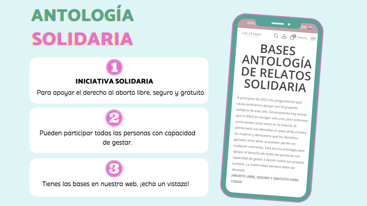 ABRIMOS CONVOCATORIA PARA UNA ANTOLOGÍA DE RELATOS SOLIDARIA. Por un aborto libre, seguro y gratuito para todas las personas gestantes. 💜♀️

Aquí las bases para participar: edicionesenelmar.com/convocatoria-s…
Abierta hasta el 18 de septiembre. 

¿Nos ayudas a moverlo? 🙏