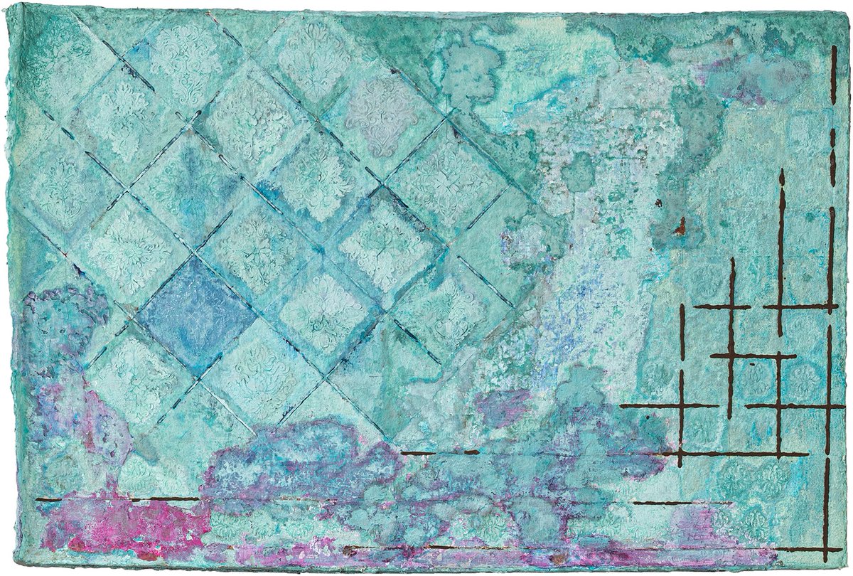 A new #artwork "Landscape MII"
Handmade cotton paper, 1.600 gr/qm, 75 x 112 cm.
Various #ornaments from the #RENAISSANCE, #Damsk and #Mandala. #Copper and #bronze  particles. #Oxidation with acids. The square shapes of iron particles are energy spaces of #FengShui