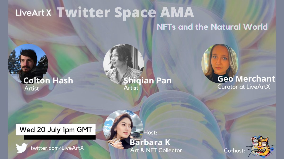 LiveArtX's tweet photo. 🤩Serial AMA for #LiveArtXGlobal100 #HackARThon attending artists @coltonhash_art and @padaboooom, host by @Barbara_KVH and @nftunit01
 
🎨Joined by @GeoRaeNFT to intro how to participate

🕐Wed 20th July at 1pm GMT

🙋‍♀️Artist registration open till 26th: https://t.co/zAc4qnqoG9 https://t.co/NSJCWYKD3U