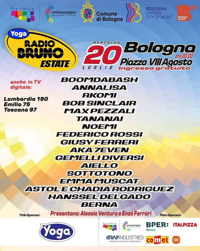 #MaxPezzali, #Annalisa, #Noemi e tanti altri performer🎤si esibiranno sul palco del #RadioBrunoEstate a #Bologna mercoledì 20 agosto (dalle ore 20).
#BPERBanca vi aspetta con gli amici di <a href="/RADIOBRUNO1/">Radio Bruno</a> per una serata di grande #musica!🎵
Ingresso libero. ➡️radiobruno.it/yoga-radio-bru…