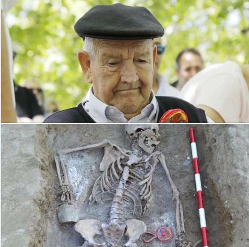 MostJohann's tweet photo. En 2019 se desenterró el cuerpo de Catalina Muñoz, fusilada en 1936 en Palencia por los fascistas. 
Fue enterrada con el sonajero de su hijo Martín. 
83 años después, Martín recuperó su juguete.

#El18JYoCondeno https://t.co/pDt9jhEK2n