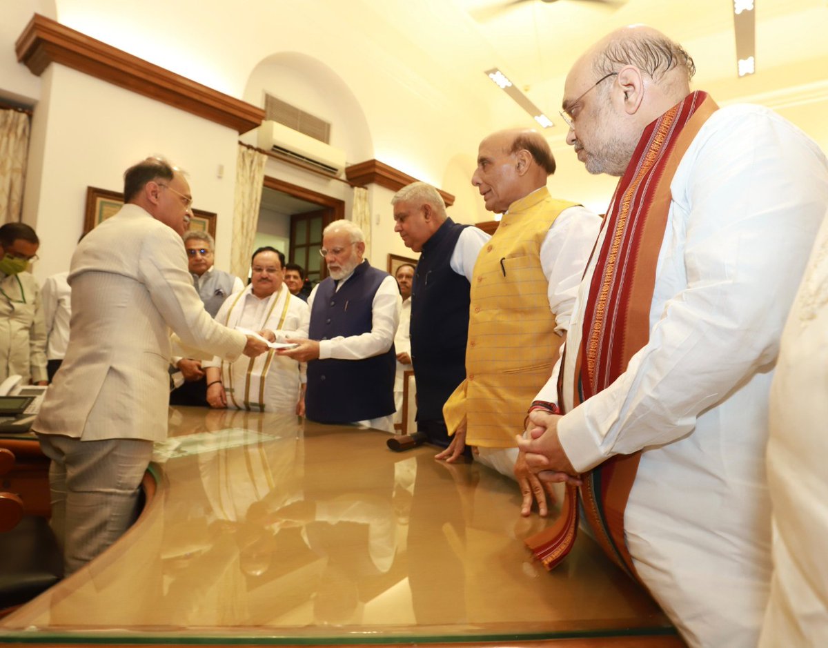 BJP4India's tweet photo. NDA Vice Presidential candidate Shri Jagdeep Dhankhar files nomination in the presence of PM Shri @narendramodi, BJP National President Shri @JPNadda and other senior leaders. https://t.co/7xlB64S3gk