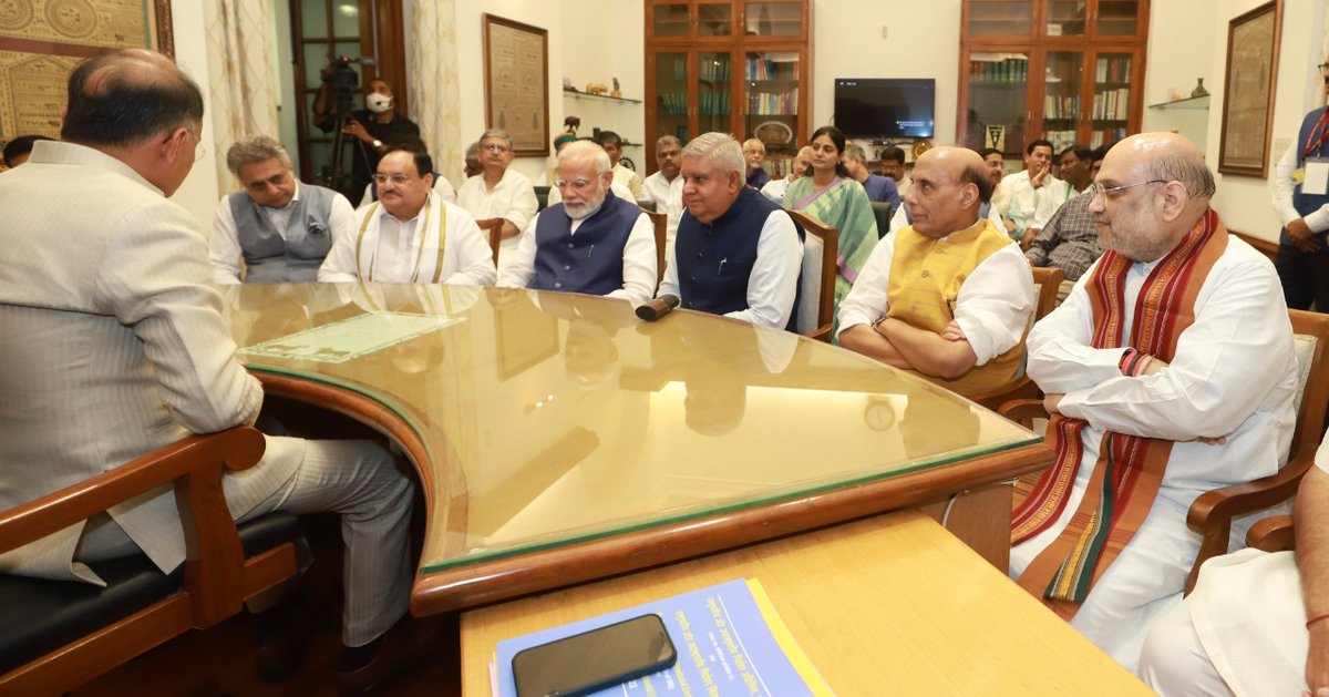 BJP4India's tweet photo. NDA Vice Presidential candidate Shri Jagdeep Dhankhar files nomination in the presence of PM Shri @narendramodi, BJP National President Shri @JPNadda and other senior leaders. https://t.co/7xlB64S3gk