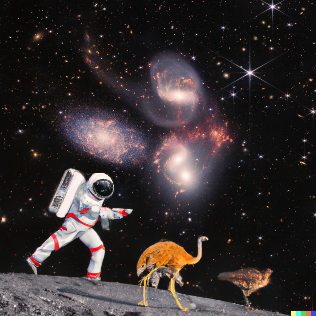 Given that the Emu War is approaching its 80th anniversary, I asked #dalle2 to use <a href="/NASAWebb/">NASA Webb Telescope</a> as inspiration for part 2: The Space Emu War.