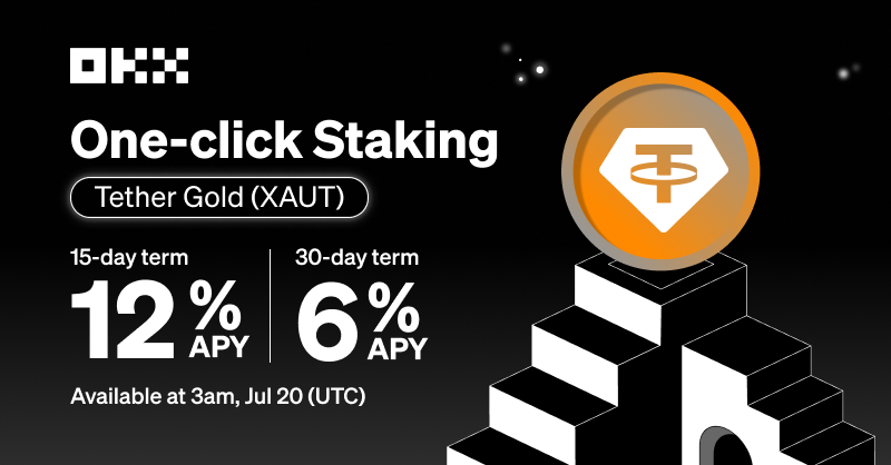 okx's tweet photo. 📣 $EURT &amp; $XAUT one-click staking will be available on #OKXEarn starting from 3:00 am Jul 20 (UTC)! 

🔗 Details: https://t.co/LsYRLh3Sc1

Start One-click Staking here ⤵️