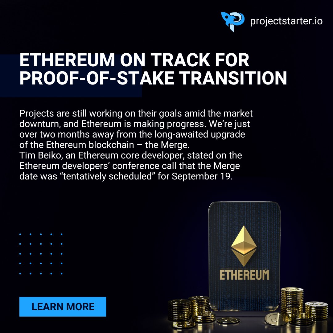 _projectstarter's tweet photo. Ethereum On Track For Proof-of-Stake Transition On September
Projects are still working on their goals amid the market downturn, and Ethereum is making progress.
Learn More: https://t.co/ouYtzXD5MS
#projectstarter #nft #crypto #cryptocurrency https://t.co/yH1vqvEJnm