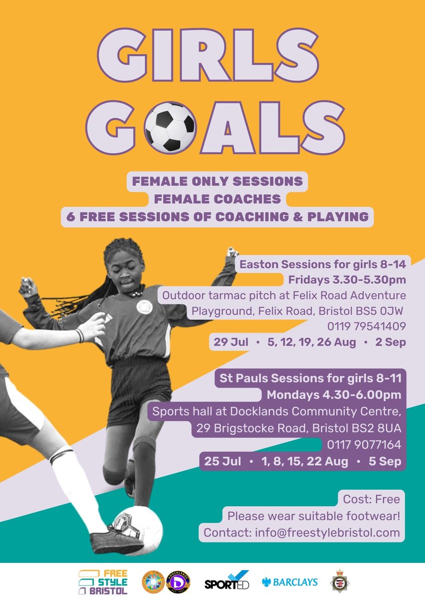 freestylebristo's tweet photo. Starting next week Girls Goals will be inspiring the next England Lionesses with free football sessions in St Pauls and Easton, beginners welcome! 

We would like to thank our funders @BarclaysFooty and @sported_UK  for their help in delivering this project. https://t.co/hBTCqAj4xI