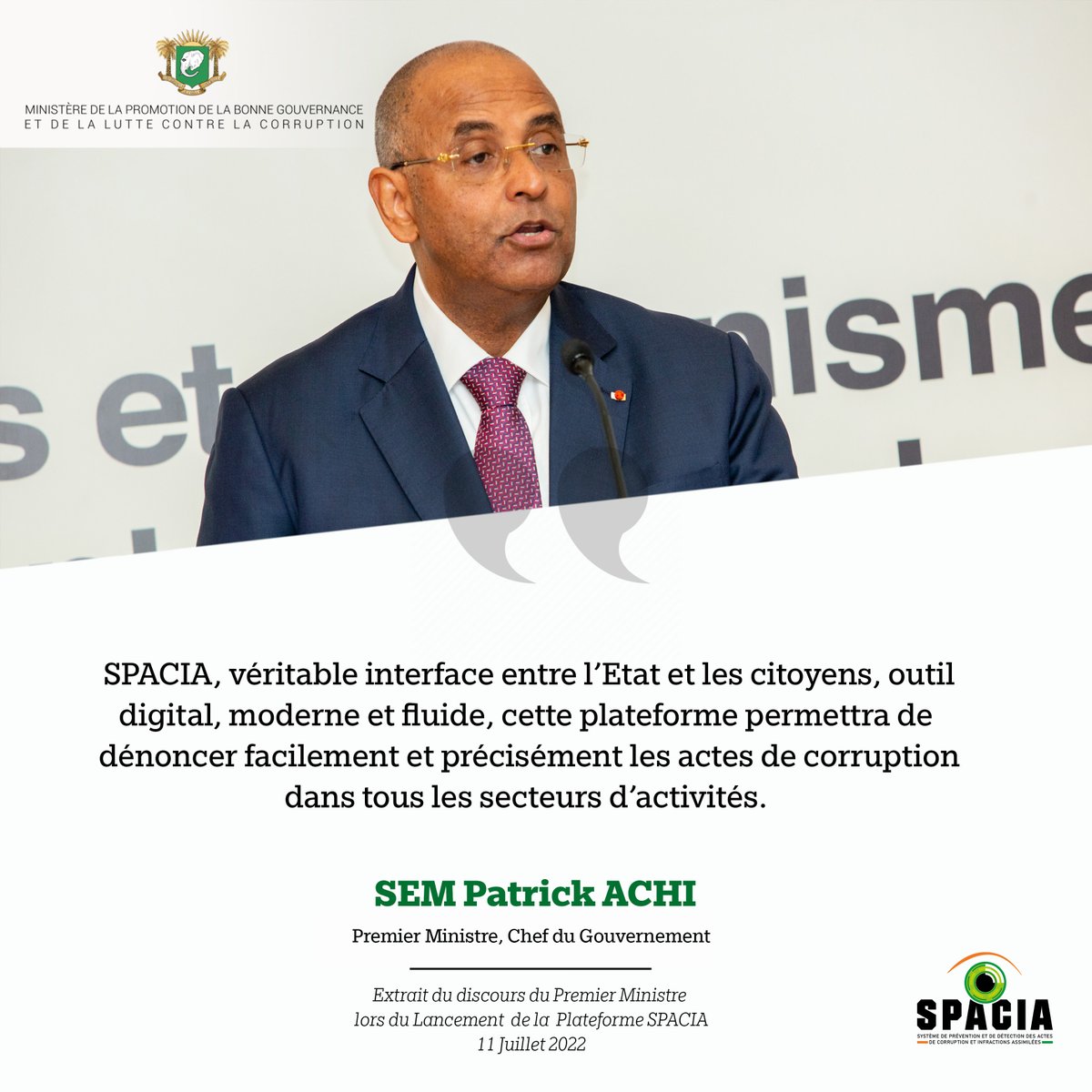 spaciaci's tweet photo. « Véritable interface entre l’État et les citoyens, outil digital moderne et fluide, #Spacia permettra de dénoncer facilement et précisément les actes de corruption dans tous les secteurs d’activités... », a déclaré le Premier Ministre, SEM Patrick Achi

#Stopcorruption #civ225 https://t.co/TeWflUXvG8