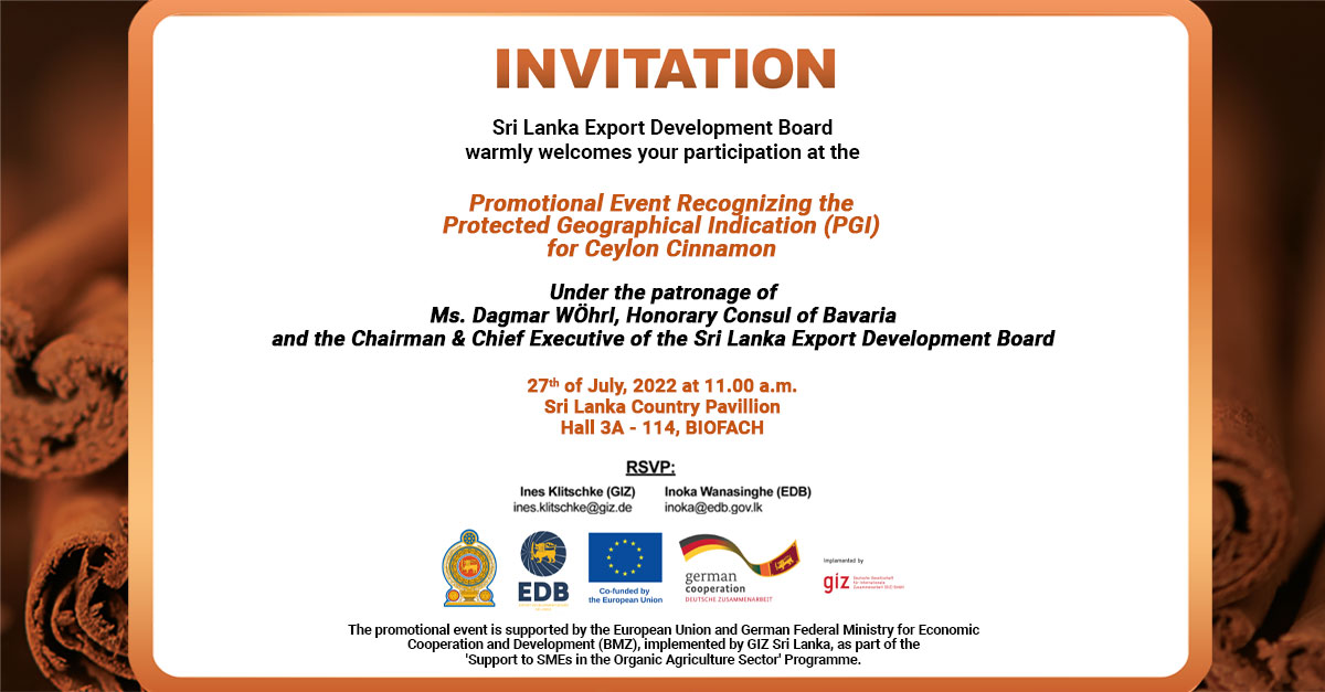 EDB_SriLanka's tweet photo. #SriLanka Export Development Board warmly welcomes your participation at the Promotional Event Recognizing the #ProtectedGeographicalIndication (#PGI) for #CeylonCinnamon https://t.co/jEKWQ2L62L