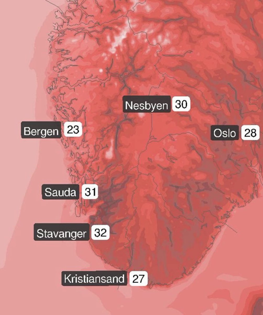Dramatisk værkart på ⁦<a href="/NRKno/">NRK</a>⁩ - det ser jo livsfarlig ut! Har de en tiltaksplan for å takle 23 grader i Bergen?