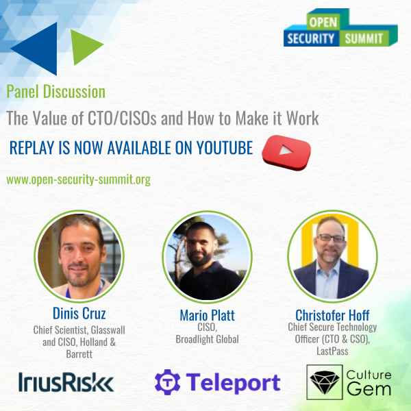 opensecsummit's tweet photo. Thank you so much for joining us for the "The value of CTO/CISOs &amp; how to make it work" session by @DinisCruz, @madplatt &amp; @Beaker the replay is now available on YouTube!!!

Catch up here: https://t.co/g51lo5W2Qe

#OSS2022 #infosec #CTO #CISO #cisos #cisosconnect #ctos #ctosummit https://t.co/xxTuSY3UQh