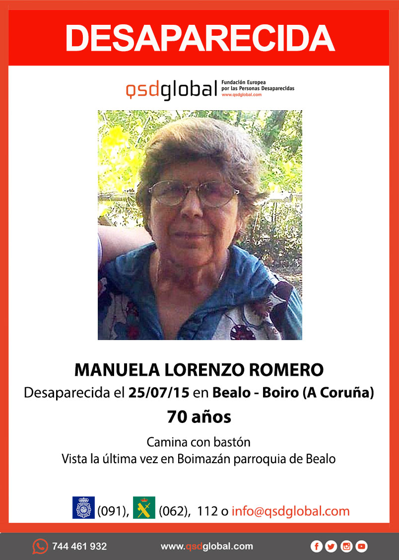 QSDglobal's tweet photo. SIETE AÑOS SIN RASTRO DE MANUELA LORENZO ROMERO
Manuela tenía 70 años cunado desapareció el 25 de julio de 2015 en #Bealo #Boio #ACoruña
#NoLaOlvidamos
#todoytodosporencontrarla https://t.co/xFCSd6wpCv