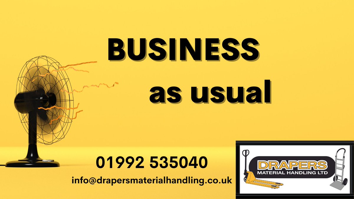 DrapersMHLtd's tweet photo. We have the fans on in the office ready for the next two days 🌞

If you have any material handling equipment needs, we are here to help. Please contact our team.

Stay safe &amp; enjoy yourselves if you've managed to escape work  

#businessasusual #Heatwave2022 #heatwave #equipment https://t.co/4yI3BSofT9