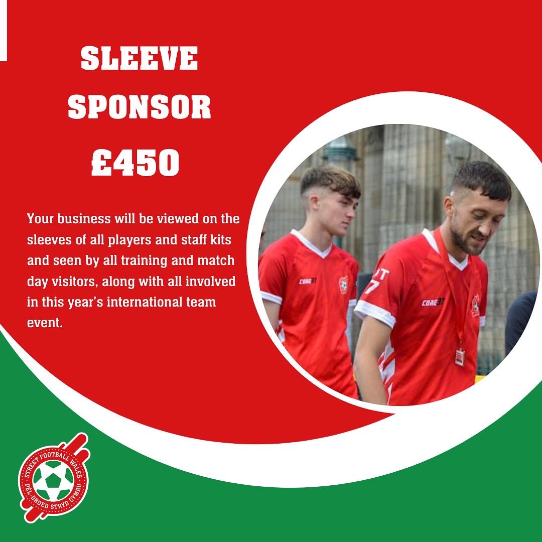 SFootballWales's tweet photo. Show your support with our sponsorship packages! ⚽️

Full details: https://t.co/DCHF6aHo5T

Your chance to be seen on our National Team kits! 🏴󠁧󠁢󠁷󠁬󠁳󠁿

#OneTeam | #StreetFootball | #TogetherStronger https://t.co/CZ7YfHCEiB