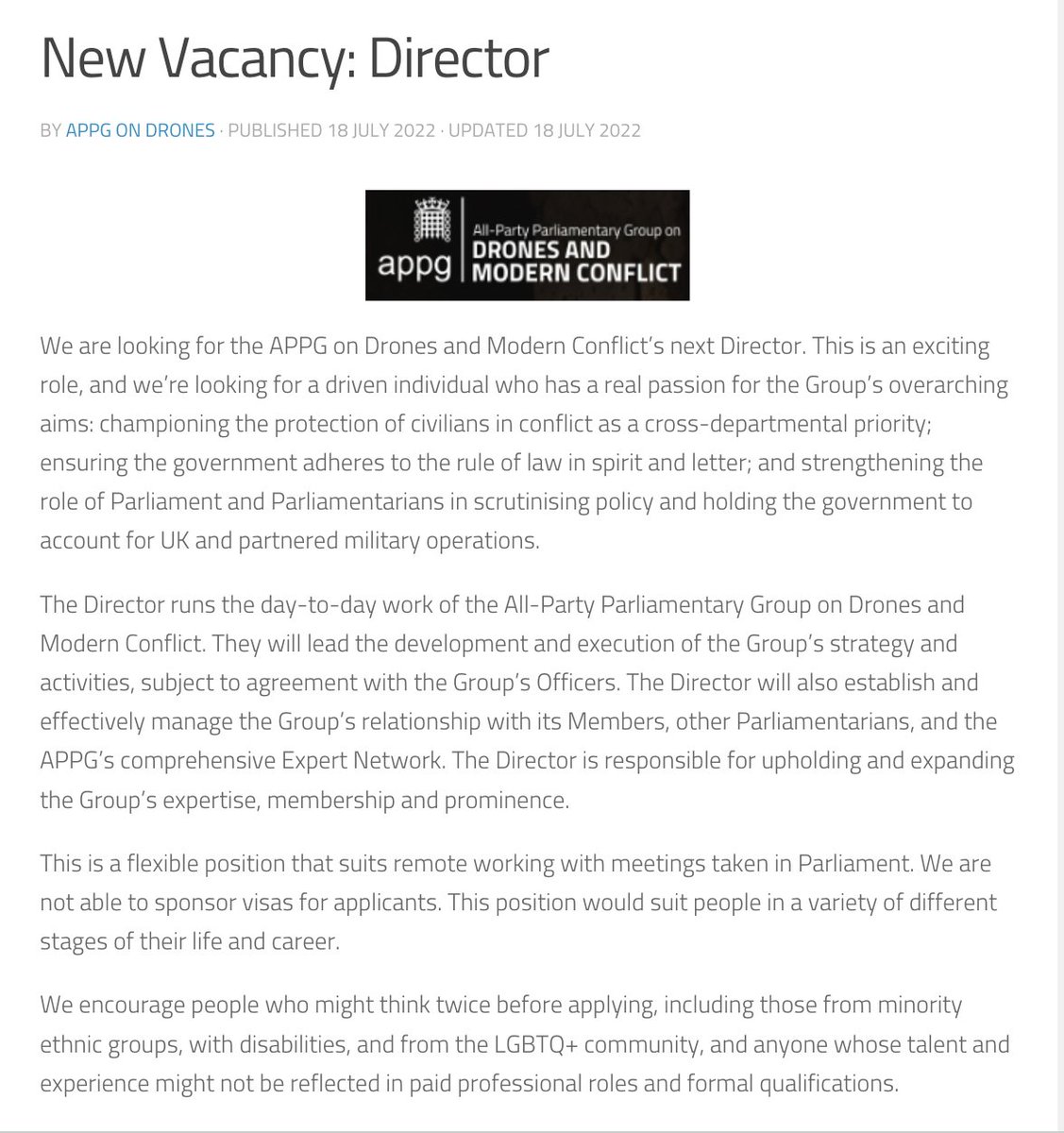 Could you be our new Director? We’re looking for a driven individual who has real passion for our overarching aims: championing #POC; ensuring adherence to #RoL; strengthening Parliament in scrutinising UK and partnered military operations. Apply now! appgdronesmodernconflict.org.uk/vacancy-direct…