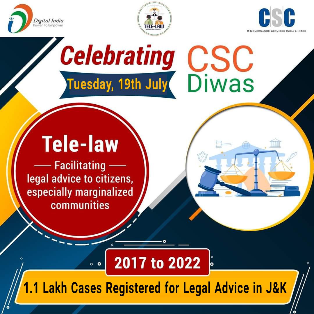 CSCJK's tweet photo. Celebrating CSC Diwas - 19th July 2022
Tele-law - Facilitating legal advice to citizens, especially marginalized communities...
2017 to 2022 – 1.1 Lakh Cases have been registered for Legal Advice through CSCs in J&K ...
#CSC #DigitalIndia #ruralempowerment #CSCDiwas2022 https://t.co/AU6nfu7BPP