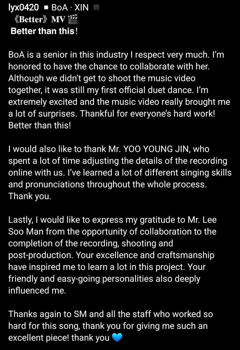 lyxsource's tweet photo. yuxin sends her thanks and warm regards for boa, yoo youngjin, lee sooman, and sm entertainment on a new instagram post 💙

BoA BETTER WITH XIN
#BETTER_BoA_XIN 
#BoA #보아 #류위신
— #LiuYuxin ♡ #刘雨昕 https://t.co/HjRi5vM1vU