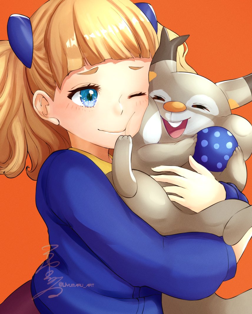 1girl blue eyes smile blonde hair pokemon (creature) one eye closed bangs  illustration images
