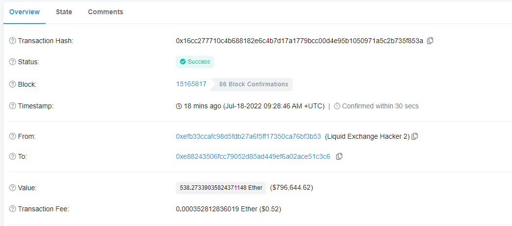 BeosinAlert's tweet photo. #BeosinAlert #ExploiterOnTheMove
@Liquid_Global Liquid Exchange hacker transfered $796,644 (538 $ETH) to 0xe88243506fcc79052d85ad449ef6a02ace51c3c6 https://t.co/OiuWVCjWrM