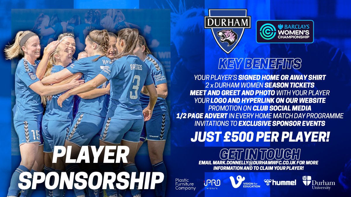 Women's football is only going in one direction! 📈

And we're giving individuals and businesses the chance to be part of it by sponsoring one of our players in the 2022/23 season! 🙌

📩 Find out more - mark.donnelly@durhamwfc.co.uk